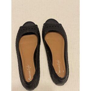American Eagle Women Ballet Flats Black Shoes Faux Leather Cutout Peep Toe 71/2